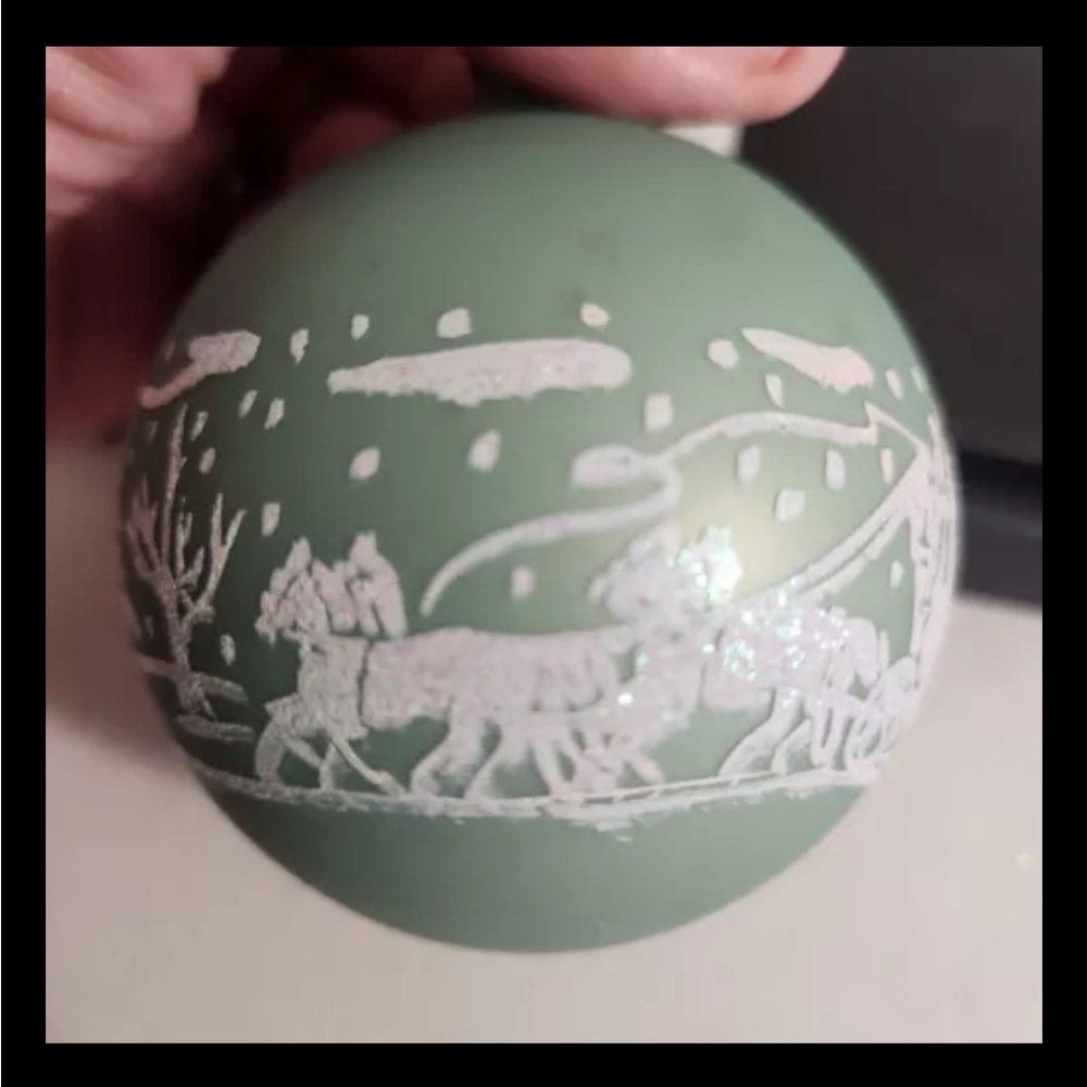 Glass Christmas Ornaments Mint Green Glitter Snow Carriage Ride Scene Set Of 3